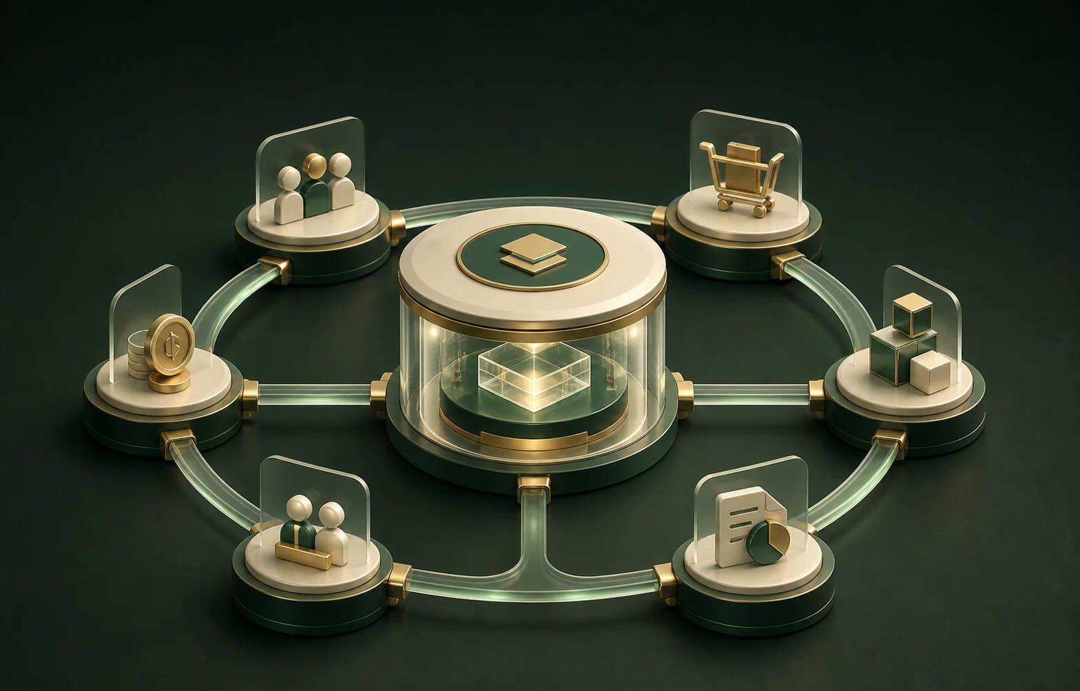 Conceptual Hevra Business Lite ecosystem connecting customers, sales, inventory, finance, payroll, and reporting around one compact business core