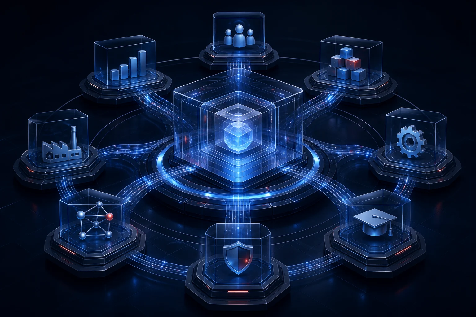Conceptual Hevra ERP ecosystem connecting enterprise finance, people, inventory, manufacturing, education, and governance around one operating core